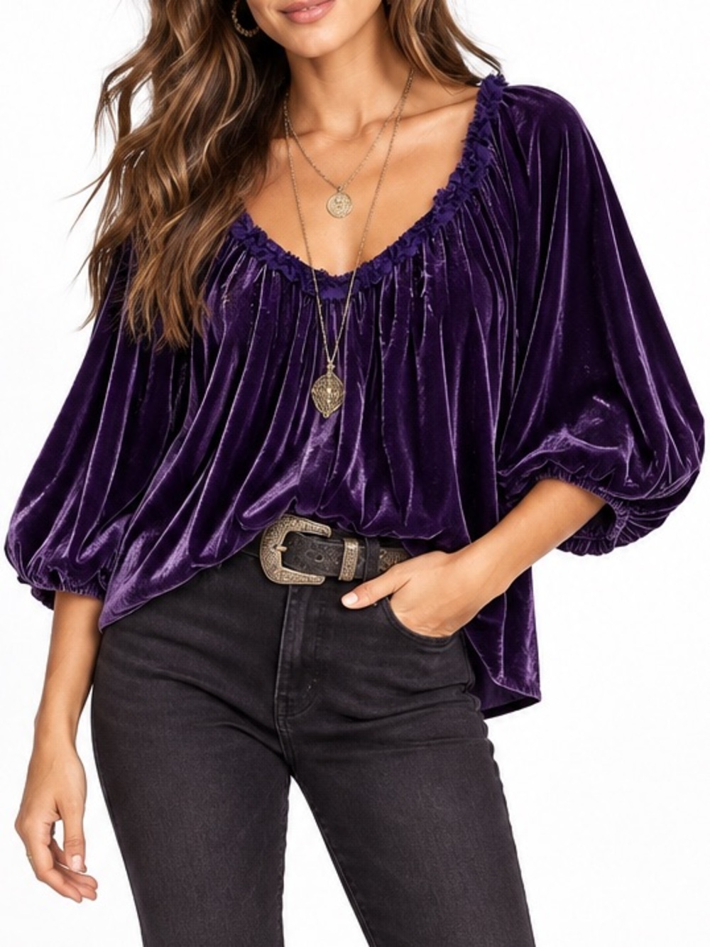 Sundance Purple Velvet Silk Blend Balloon Sleeve Boho Whimsigoth Blouse Size L